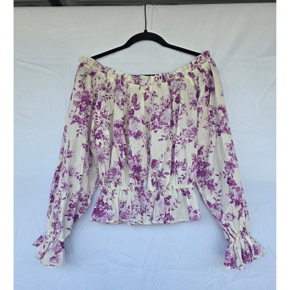 Flying Tomato Purple Floral Off The Shoulder Smocked Peplum Blouse Cotton Medium - Picture 5 of 12